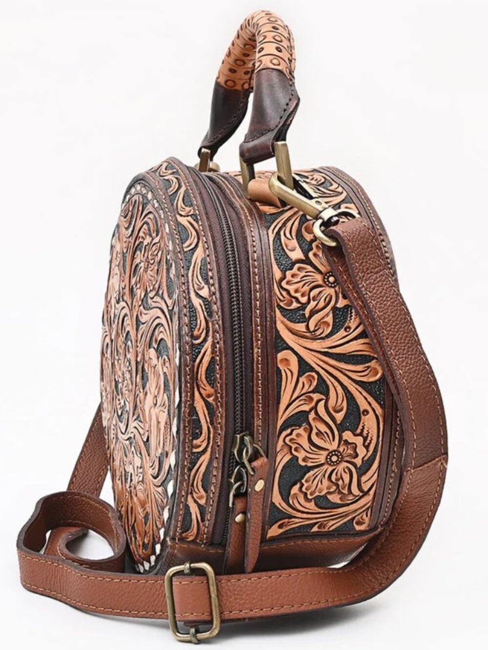American Darling Western Bloom Tooled Crossbody Leather Canteen Bag - Picture 6 of 7